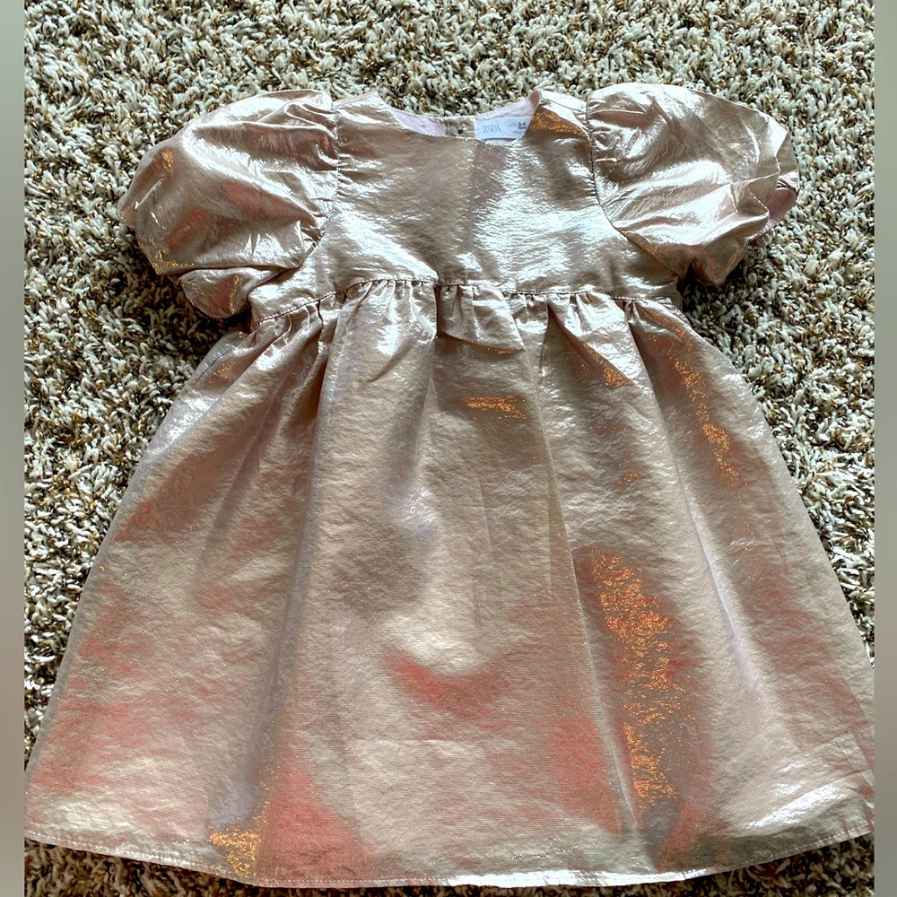 Blush shimmery dress from Zara with puff sleeves